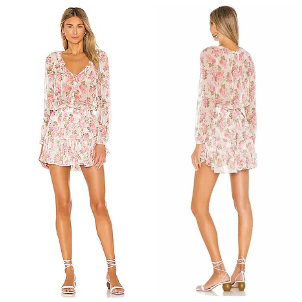 LoveShackFancy Popover Floral Silk Mini Dress Size Small Pink Long Sleeve